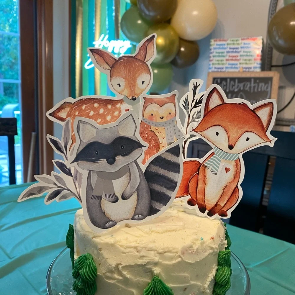 Woodland Animal Forest Animal Greenery Birthday Theme Cake Topper Decor